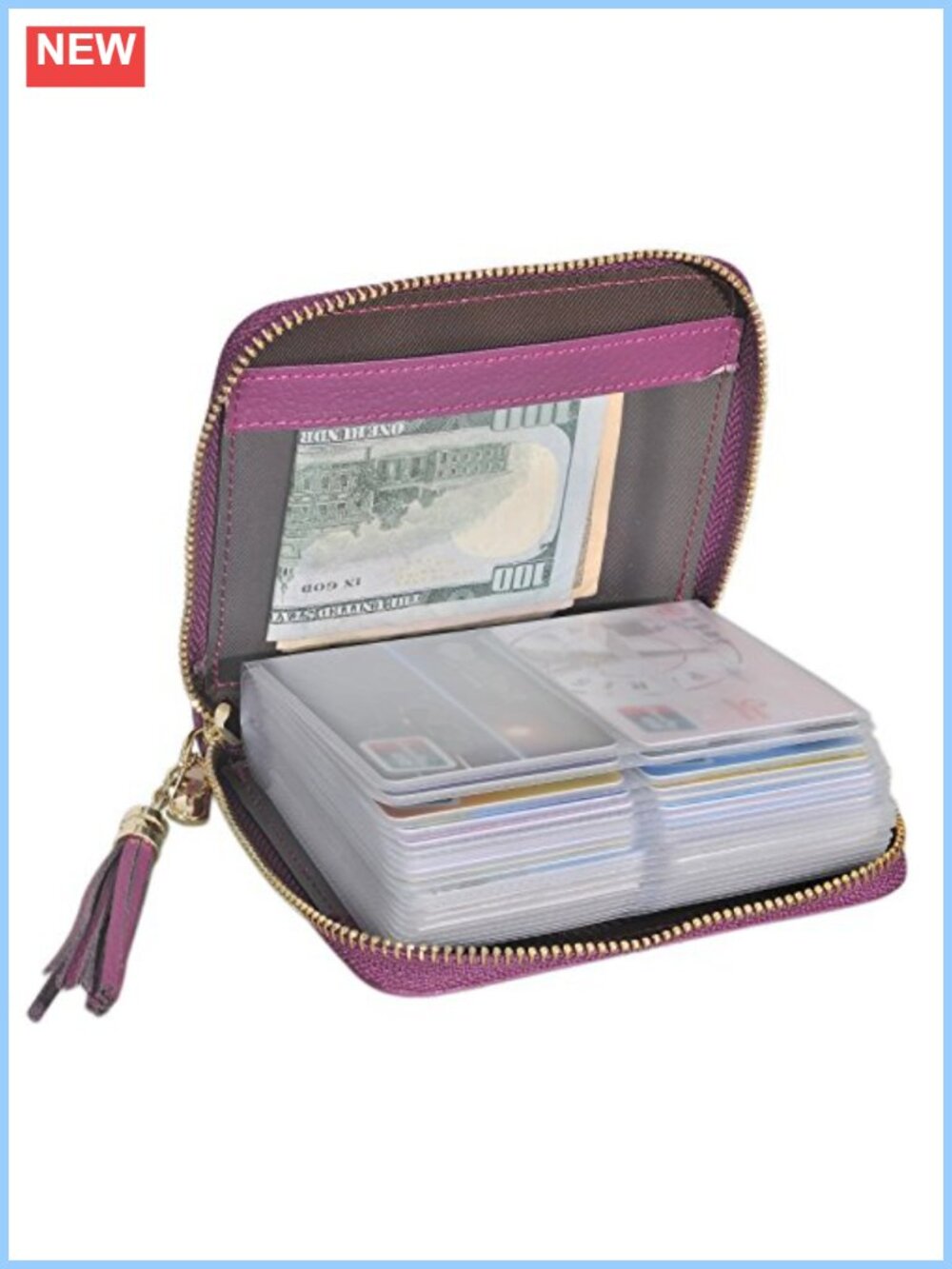 Genuine Cowhide Leather RFID Blocking Card Holder Wallet Zip Around 40 Slots